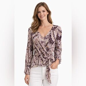 Marie Oliver Lavender and Cream Wrap Blouse NWOT